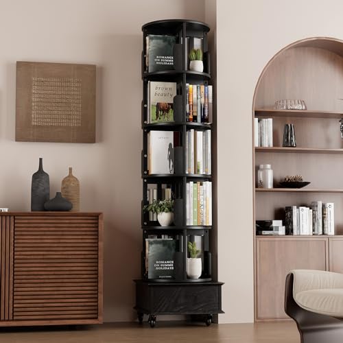 Solid Wood Rotating Book Shelf, 360° Display Bookcase with Drawer, 5-Tier Mobile Bookshelf with Wheels, 79" Tall X15733