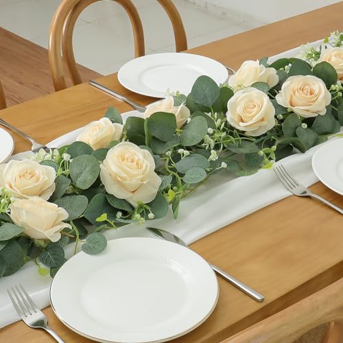 Artificial Eucalyptus Flower Garland with White Rose Faux Vine for Home Party Wedding Table Decor C618936