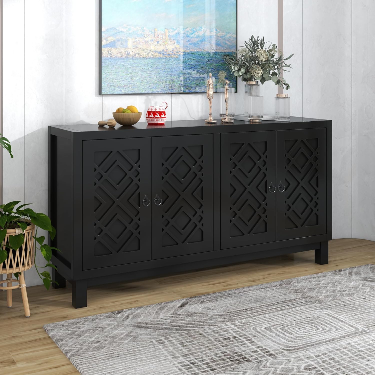 4 Door Storage Cabinet Sideboard with Pull Ring Handles W82398