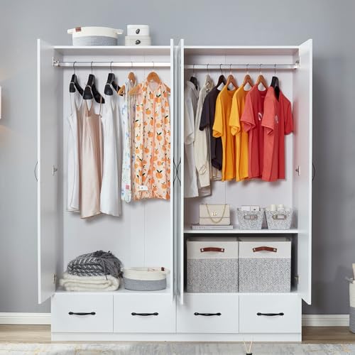 2 Door Wardrobe Cabinet with Storage Drawers and Hanging Rod, White U865