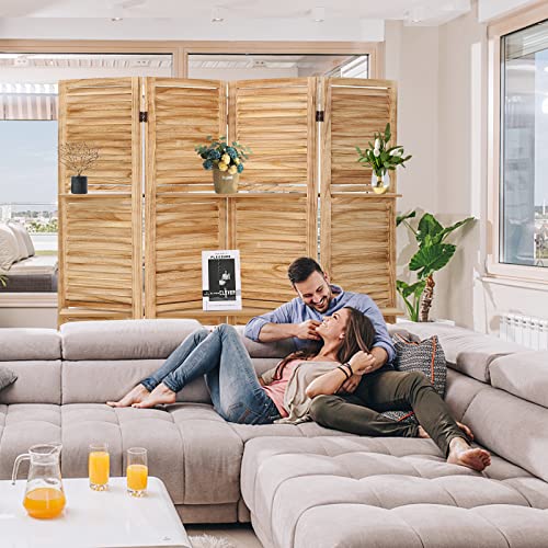 4 Panel Wooden Room Divider with Shelves, Freestanding Folding Privacy Screen B355