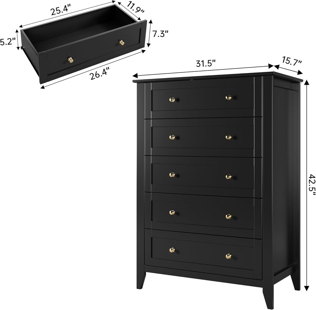5 Drawer Dresser for Bedroom, Tall Closet Organizer, Wood with Metal Knobs, Black M855597
