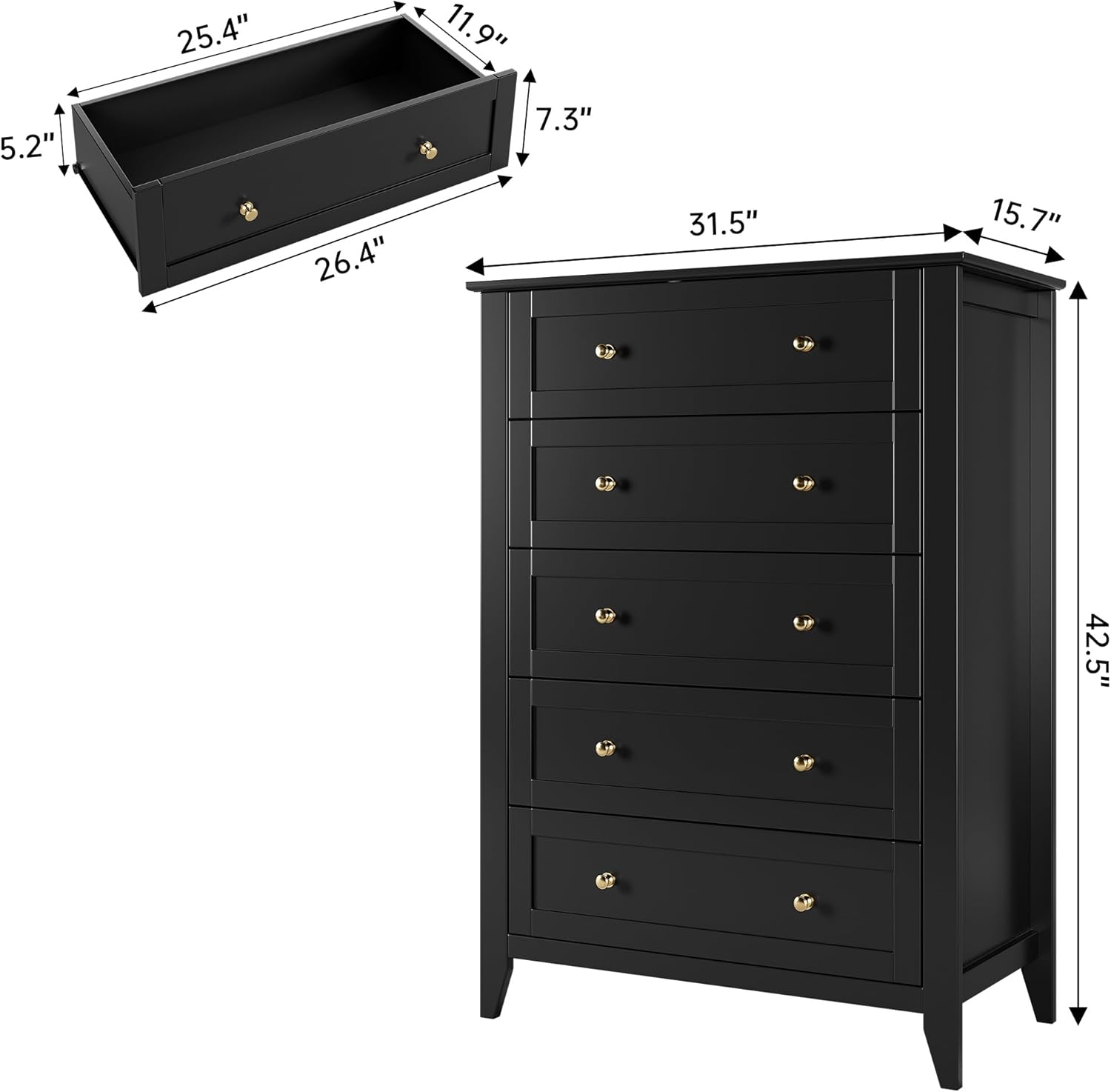 5 Drawer Dresser for Bedroom, Tall Closet Organizer, Wood with Metal Knobs, Black M855597