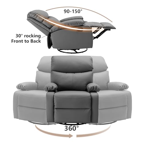 Genuine Leather Swivel Rocker Recliner Chair for Adults, Dark Grey H326