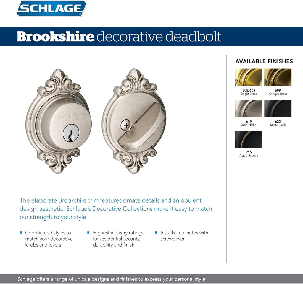 Deadbolt with Brookshire Trim, Keyed 1 Side, Aged Bronze L897183
