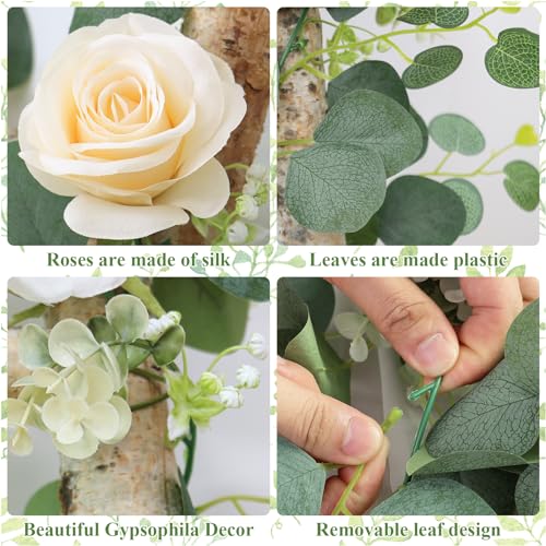Artificial Eucalyptus Flower Garland with White Rose Faux Vine for Home Party Wedding Table Decor C618936