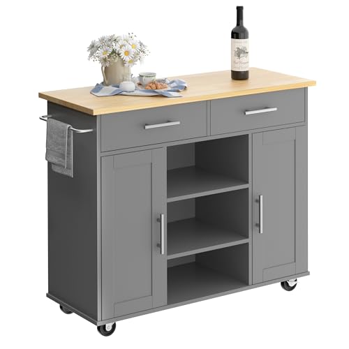Shintenchi Kitchen Island Cart with Storage,Rolling Kitchen Island Storage Cabinet,Side Table on Wheels with Worktop,3 Open Shelves and 3 Drawers for Kitchen,Dinning Room, Black