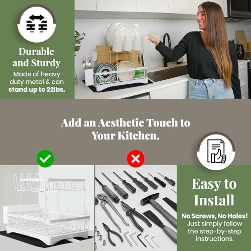 White 2-Tier Dish Drying Rack with Drainboard, Rust Resistant Metal L522