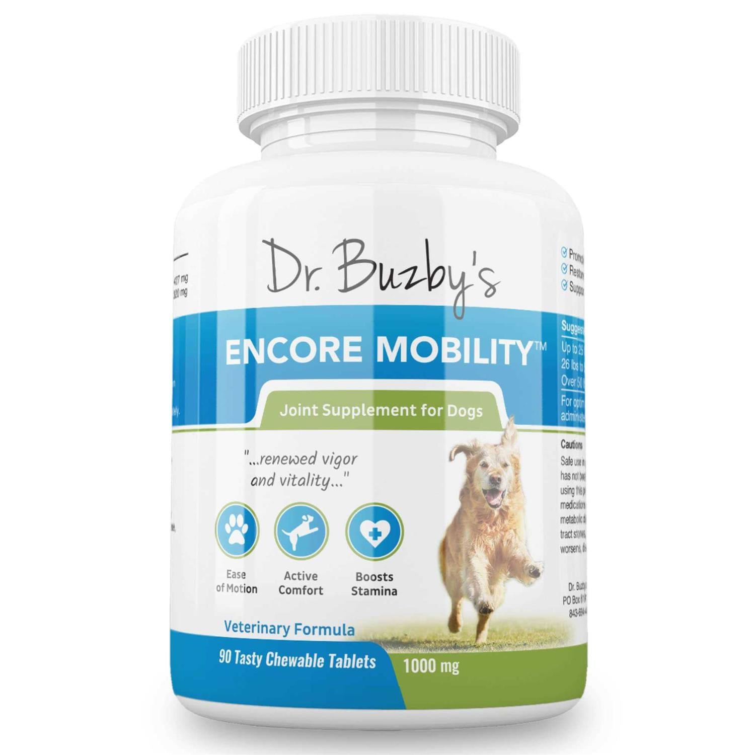 Dr. Buzby's Encore Mobility Hip &amp; Joint Supplement for Senior Dogs, 90 Chewable Tablets, Natural New Zealand Deer Velvet and Green Lipped Mussel - Pet Supplies online store