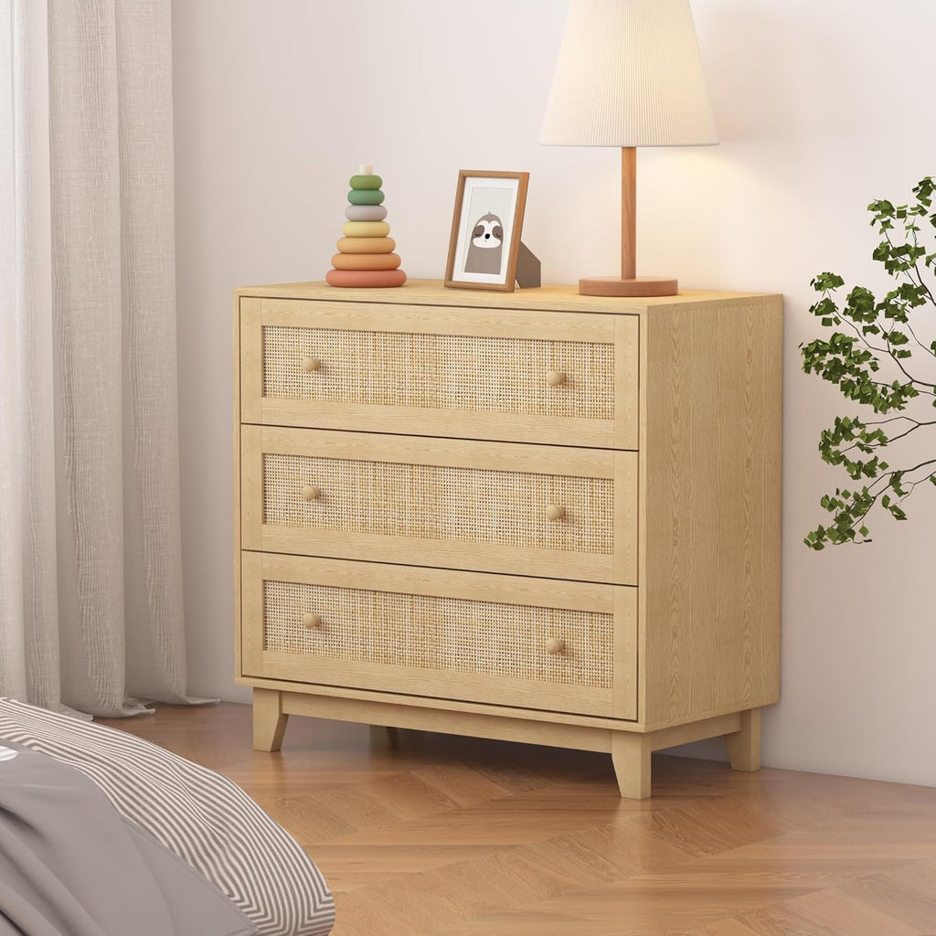 3 Drawer Dresser for Bedroom, Natural Rattan, Wood Storage Organizer S805155
