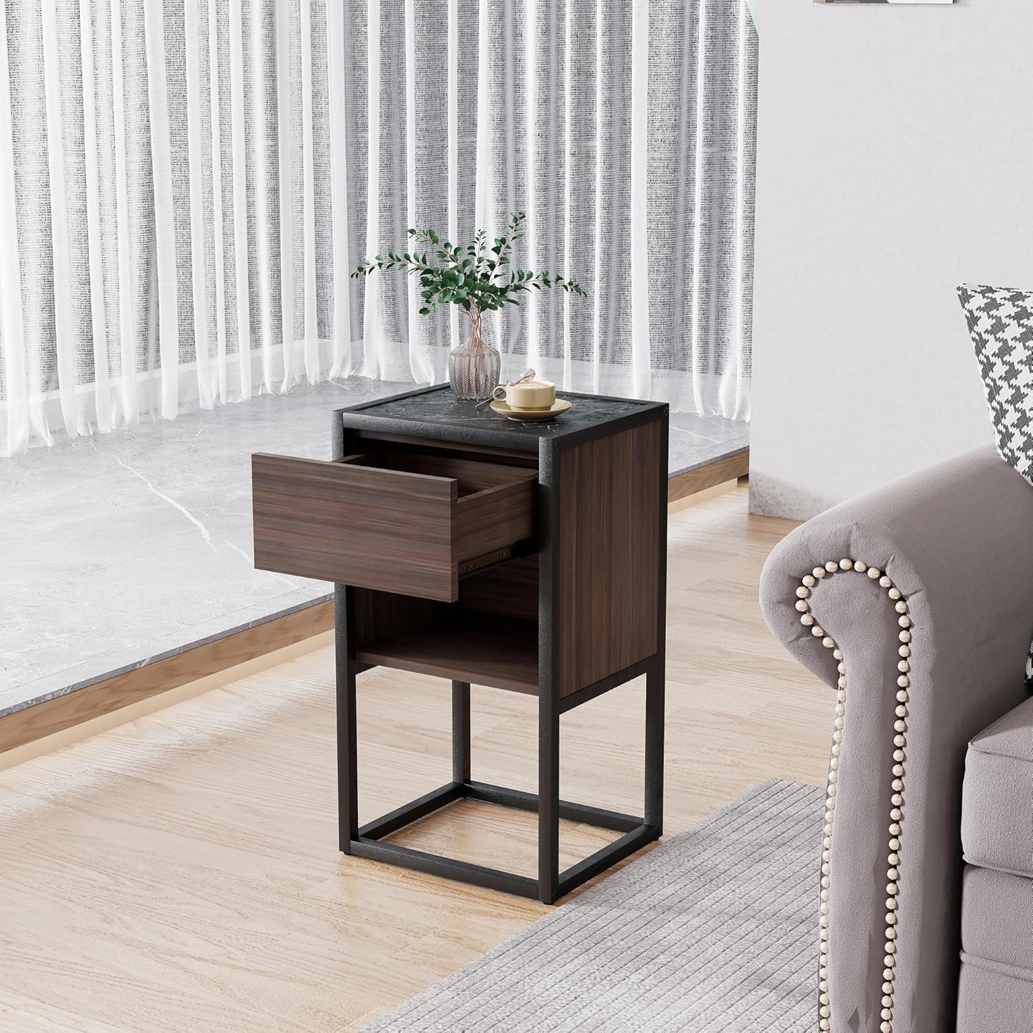 Side Table with Storage for Living Room, Wood Base, Drawer W308