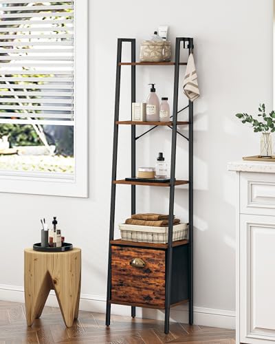 Narrow Bookshelf Bookcase with Drawer, Ladder Shelf with 2 Hooks, 4 Tier Rustic Brown J4949