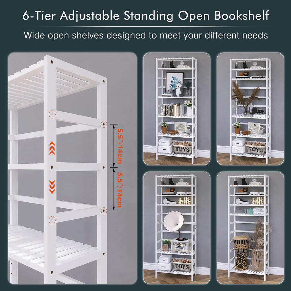 Bamboo Bookshelf Wall Cabinet with Adjustable Shelves and Hanging Hooks, White S151