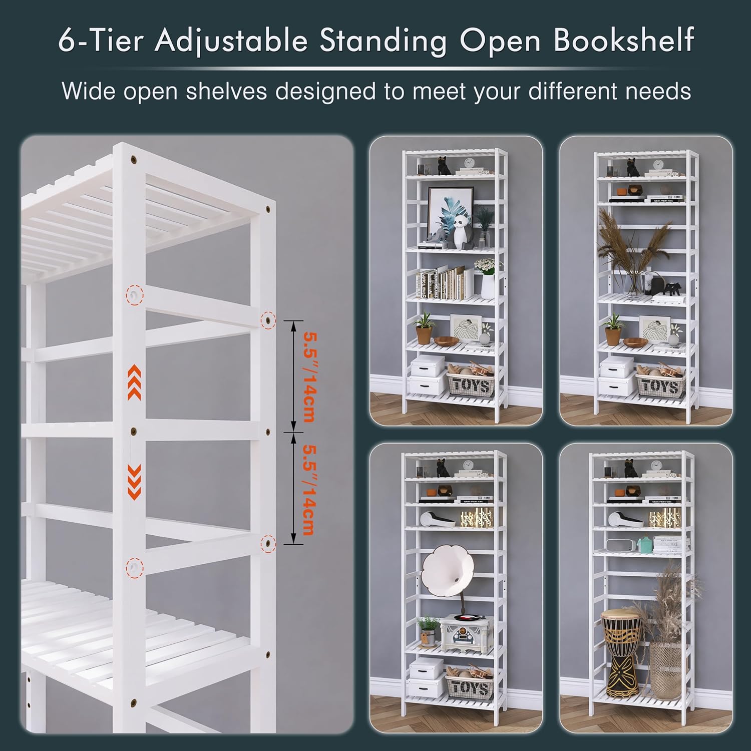 Bamboo Bookshelf Wall Cabinet with Adjustable Shelves and Hanging Hooks, White S151