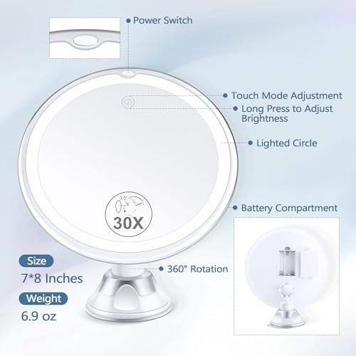 Lighted Makeup Mirror with 30X Magnification, 3 Color Modes, Adjustable Brightness P3600
