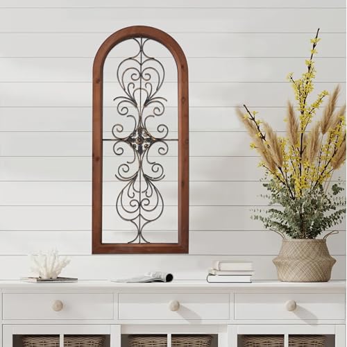 Vintage Metal Wall Art for Living Room, Handmade Distressed Wooden Wall Panels with Carved Wrought Iron M80042