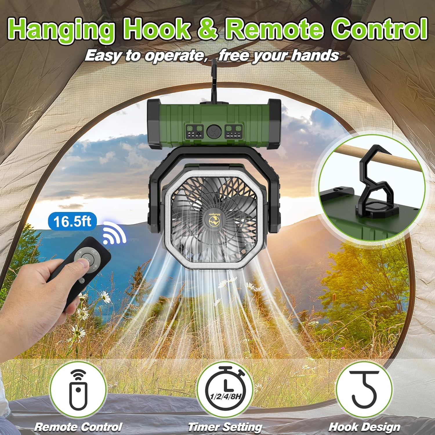 Rechargeable Portable Camping Fan with LED Lantern, Remote, and Hook N6398