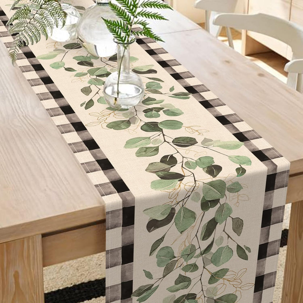 Eucalyptus Leaves Greenery Table Runner, Black White Buffalo Plaid Check, 13 x 90 Inches N799