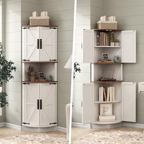64.8" Tall Farmhouse Corner Cabinet with 4 Doors and 5 Shelves, Barn Door Design, Grey Z8764