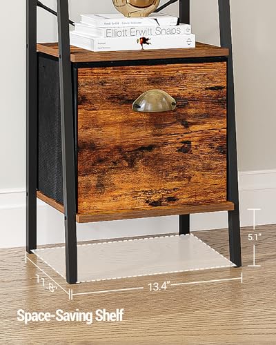 Narrow Bookshelf Bookcase with Drawer, Ladder Shelf with 2 Hooks, 4 Tier Rustic Brown J4949