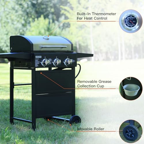 3 burner propane gas grill with thermometer and foldable rack L9028