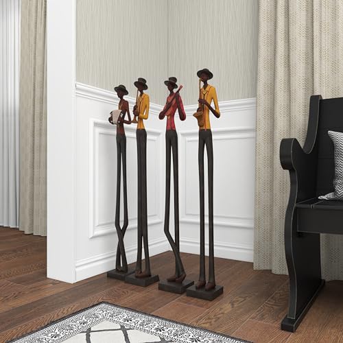 Polystone Musician Decorative Sculpture Tall Long Legged Jazz Band Home Decor Statues with Black Base Stand, Set of 4 Accent Figurines B370