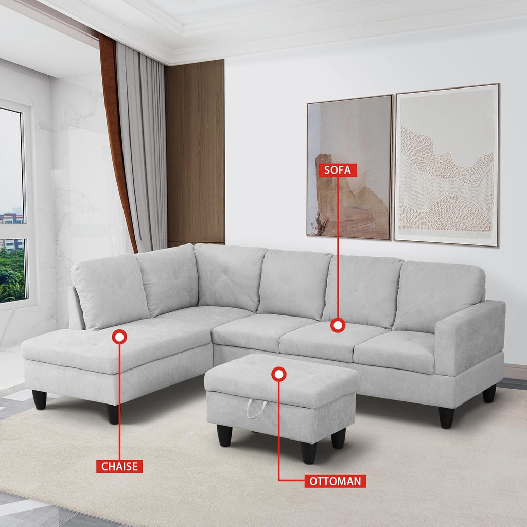 L-Shaped Corner Sofa with Left Chaise and Storage Ottoman J484