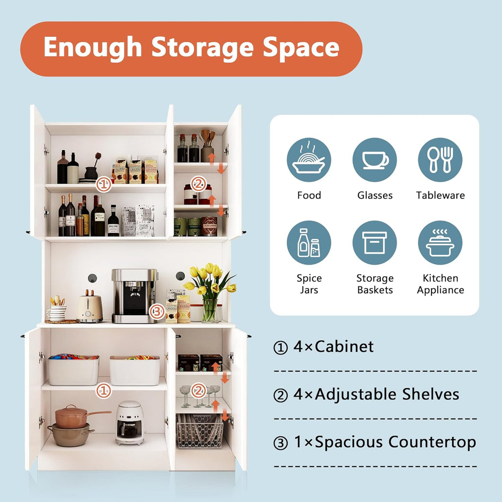 Tall Storage Cabinet with Shelves and Microwave Stand, White Z8529