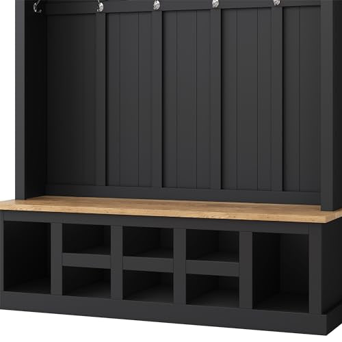 Wide Entryway Hall Tree with Storage Bench and 6 Hooks, Black J9244