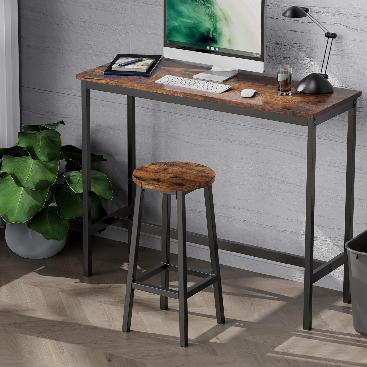 Bar Stools Set of 2 with Footrest, 25.6 Inch Tall, Rustic Brown and Black B43108