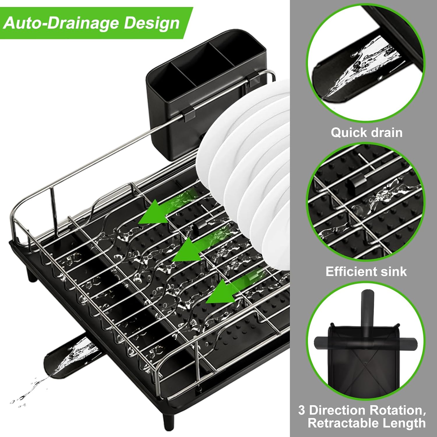Large Dish Drying Rack, Expandable Stainless Steel with Utensil Holder & Drainboard Z2308