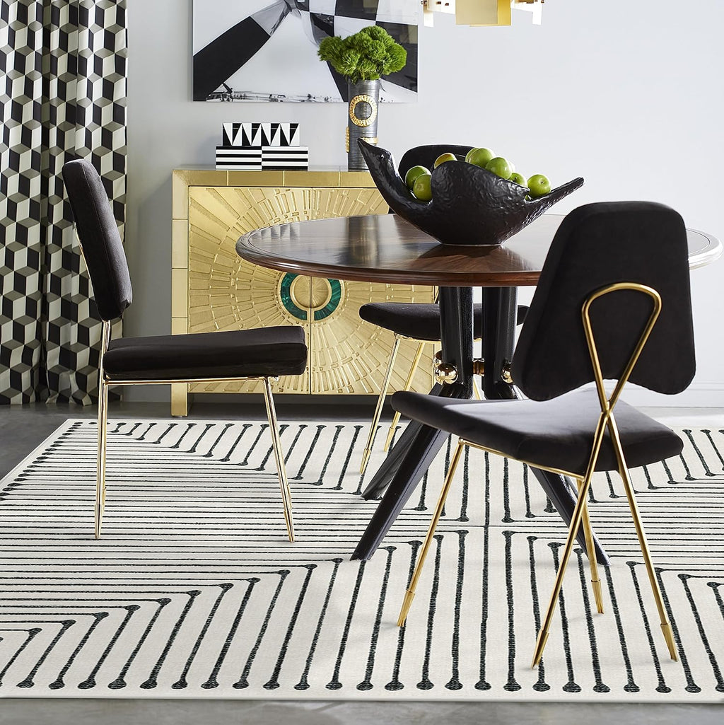 Washable Geometric Area Rug 5x7 - Non Slip, Indoor, Black/Ivory H3744