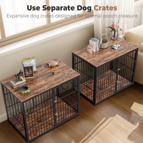 Large Dog Crate Furniture TV Stand with Double Rooms for 2 Dogs, Wooden Kennel End Table with Removable Divider S13770