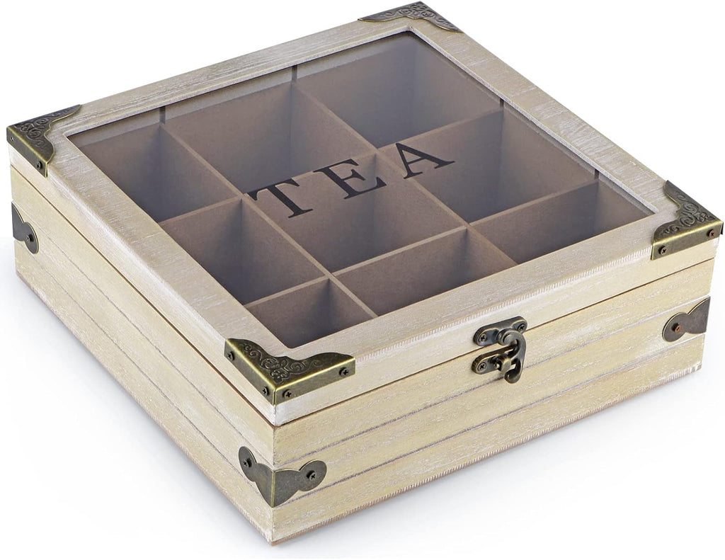 Tea Box Organizer with Glass Lid, 9 Compartments T7357