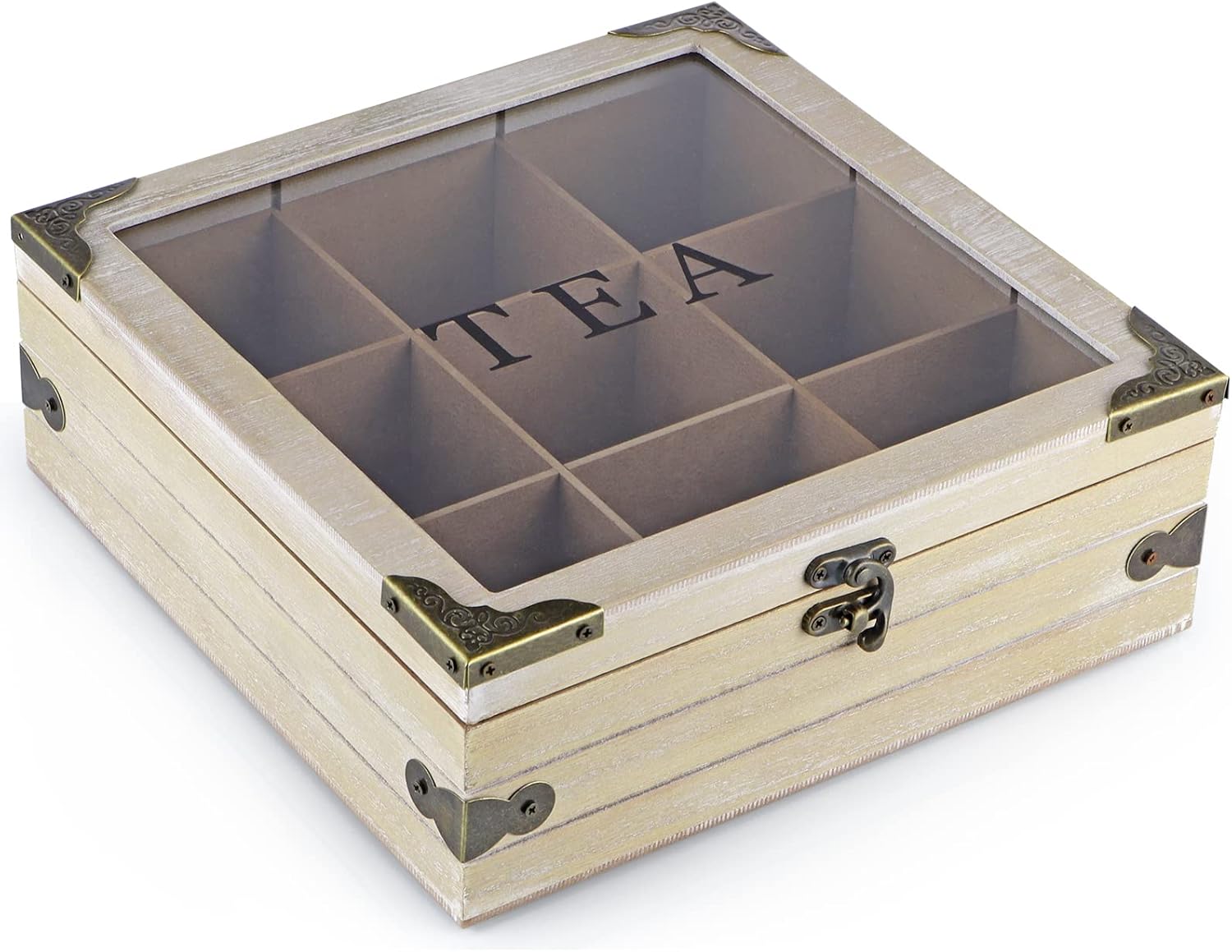 Tea Box Organizer with Glass Lid, 9 Compartments T7357