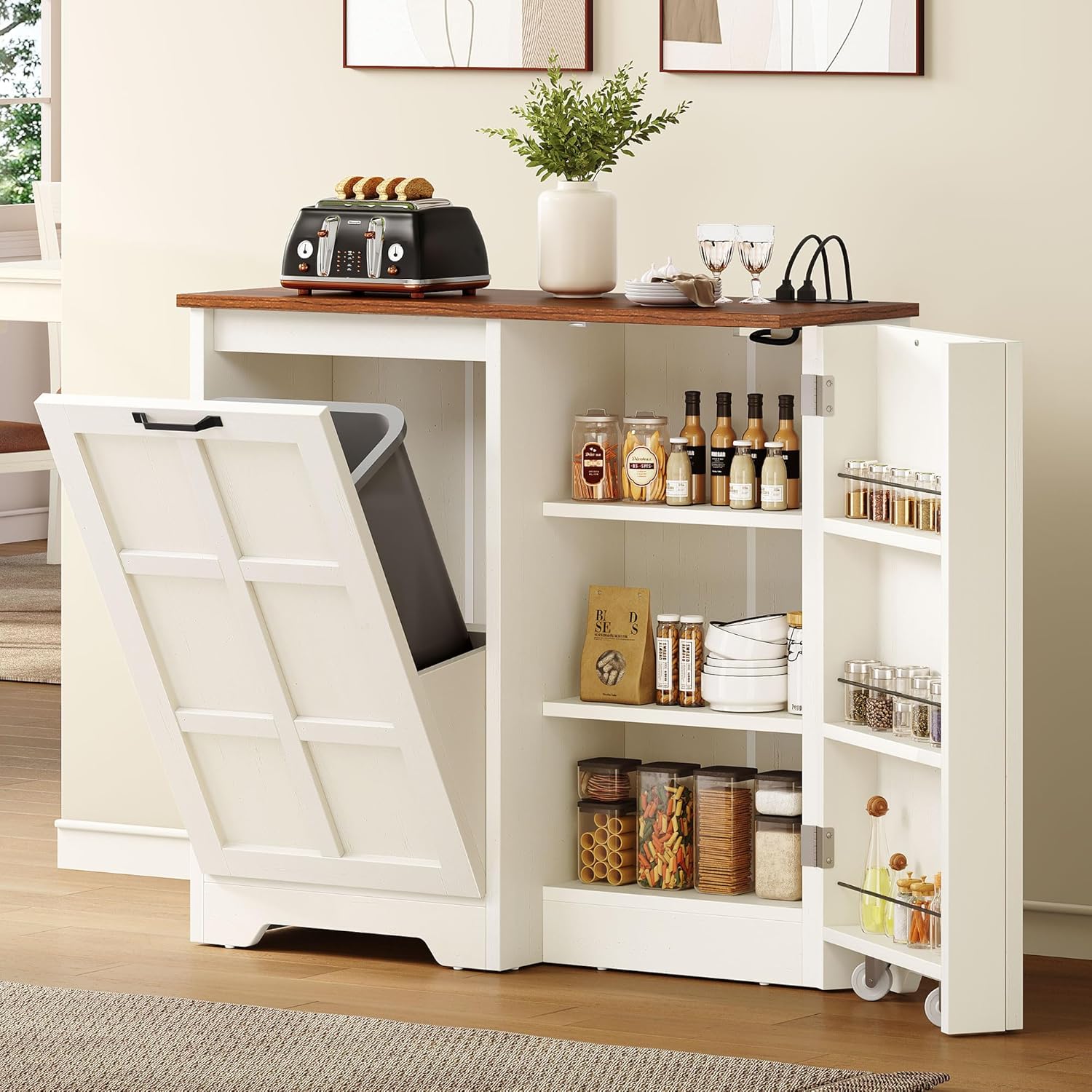 Tilt Out Trash Cabinet, 13 Gallon Hidden Pull Out Trash Bin, Kitchen Storage Cabinet, White Oak U194784