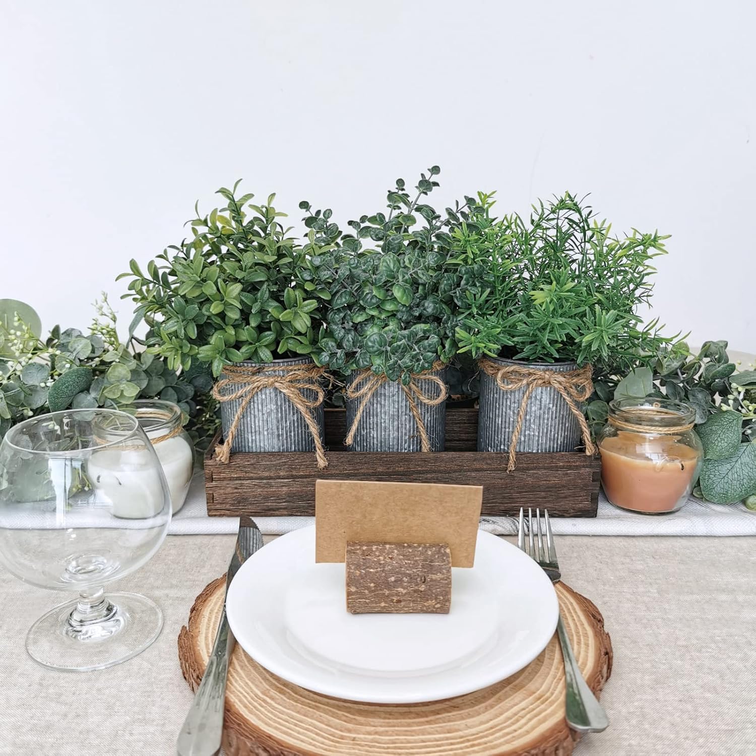 Set of 3 Mini Potted Faux Plants in Rustic Metal Pots with Wood Box I93224
