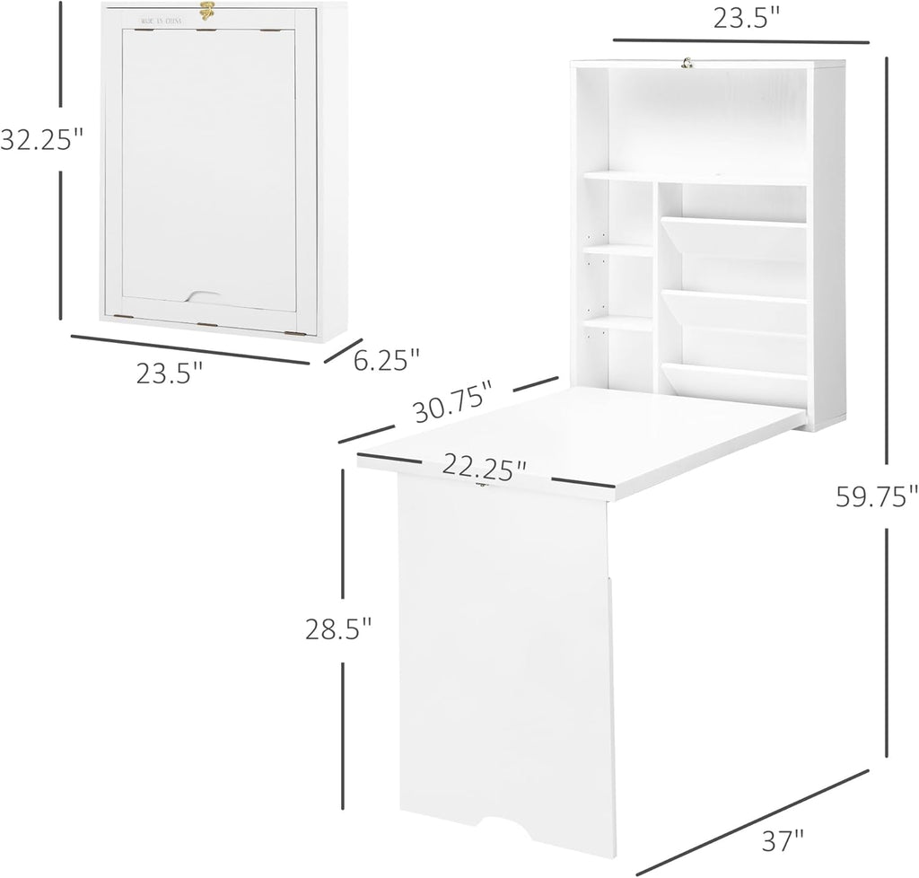 Wall Mounted Fold Out Desk with Storage Shelf, White Q792292