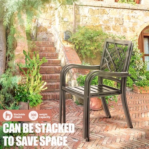 Outdoor Wrought Iron Patio Dining Furniture Set with 4 Stackable Chairs and Steel Table Q485