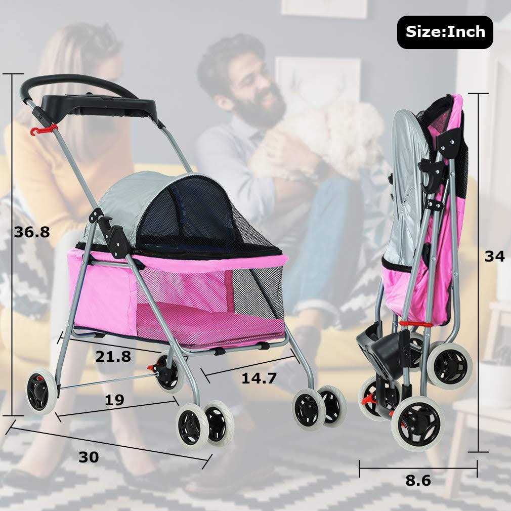 Pet Stroller 4 Wheels Folding Waterproof Portable Travel with Cup Holder W3830