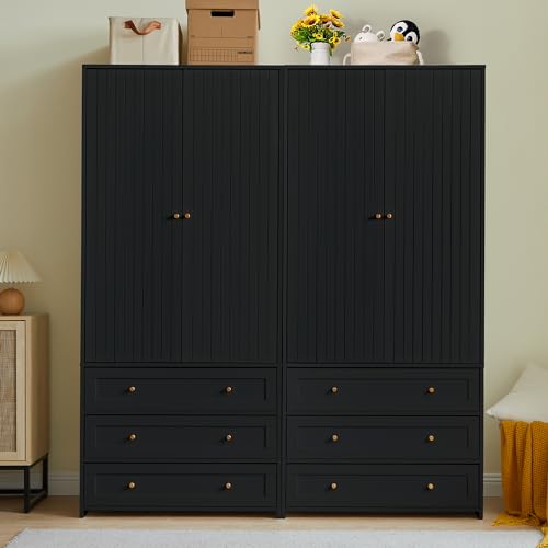 Wardrobe Armoire with 3 Drawers and 2 Doors, Freestanding Wooden Storage Cabinet for Bedroom H146302