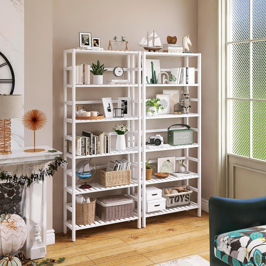 Bamboo Bookshelf Wall Cabinet with Adjustable Shelves and Hanging Hooks, White S151