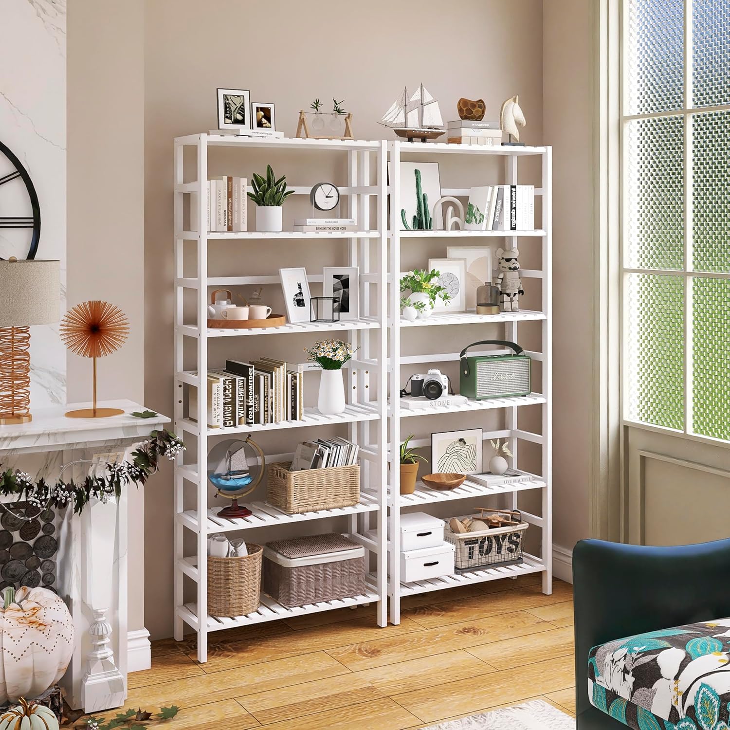 Bamboo Bookshelf Wall Cabinet with Adjustable Shelves and Hanging Hooks, White S151