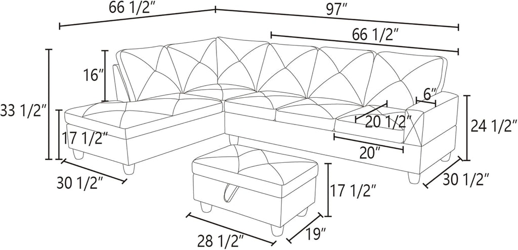 L-Shaped Corner Sofa with Left Chaise and Storage Ottoman J484