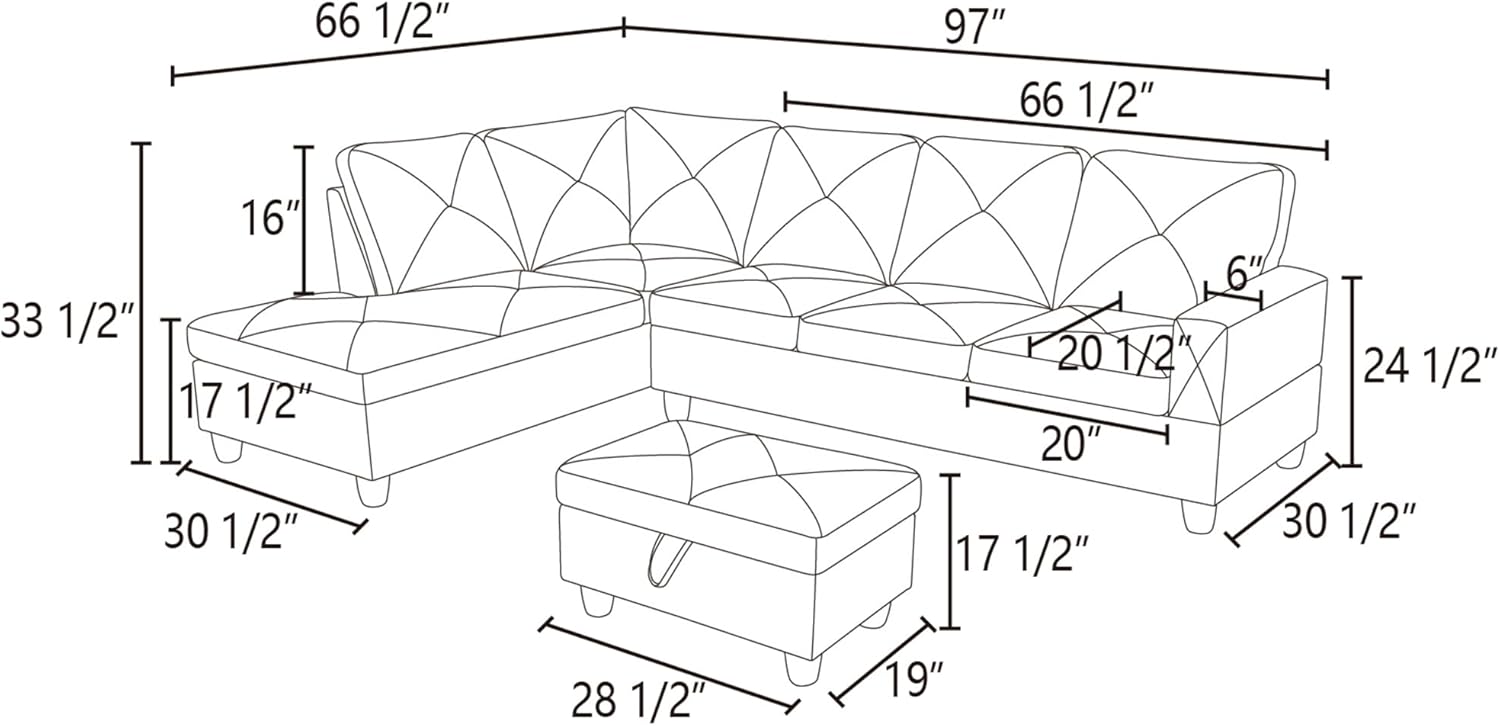 L-Shaped Corner Sofa with Left Chaise and Storage Ottoman J484