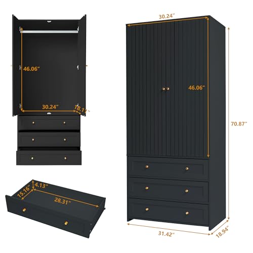 Wardrobe Armoire with 3 Drawers and 2 Doors, Freestanding Wooden Storage Cabinet for Bedroom H146302
