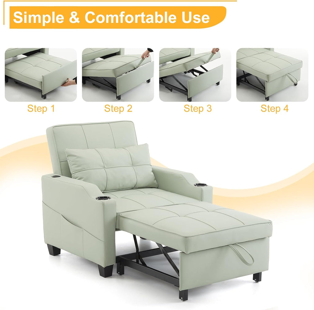 Sleeper Chair 3-in-1 Pull Out Sofa Bed Convertible Reading Chair with USB Ports, PU Leather Mint Green V733820