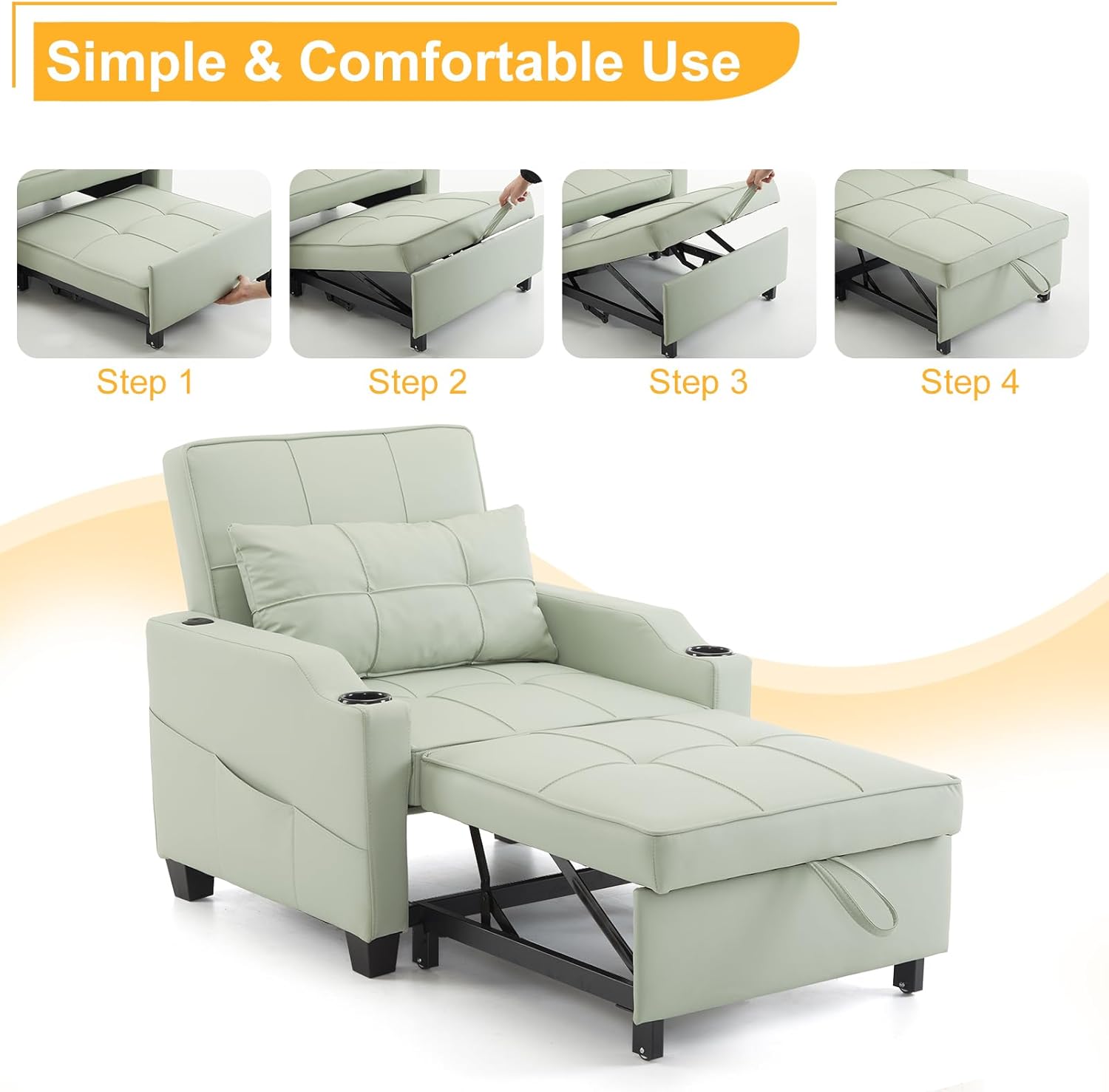 Sleeper Chair 3-in-1 Pull Out Sofa Bed Convertible Reading Chair with USB Ports, PU Leather Mint Green V733820