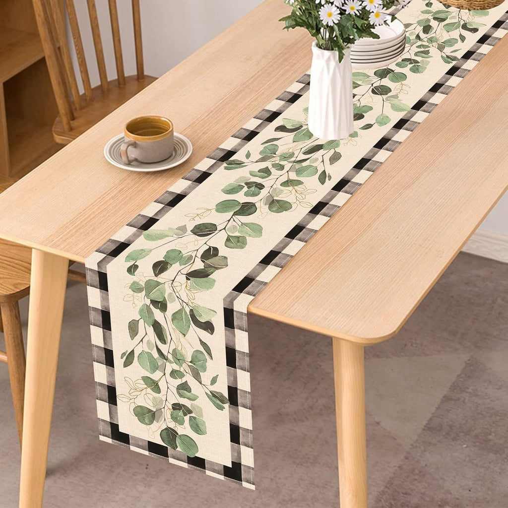 Eucalyptus Leaves Greenery Table Runner, Black White Buffalo Plaid Check, 13 x 90 Inches N799