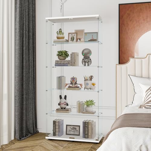 4-Tier Glass Display Cabinet, Double Door with Locks, 31.5" x 14.2" x 66.3", White, Floor Standing, for Living Room, Bedroom, Showroom, Office